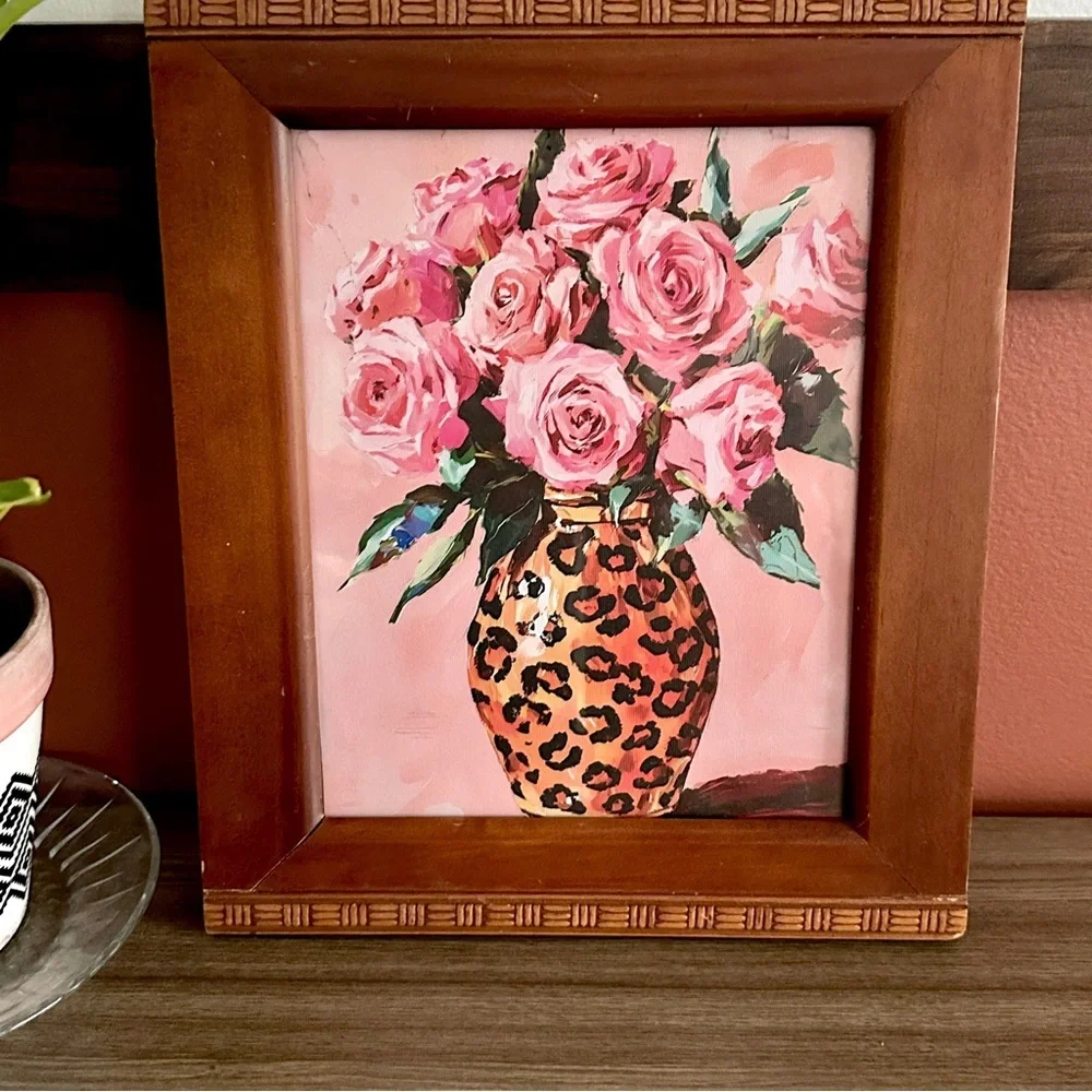 Pink Rose Bouquet in Leopard Print Vase Flowers Canvas Art Print Wood Framed Art